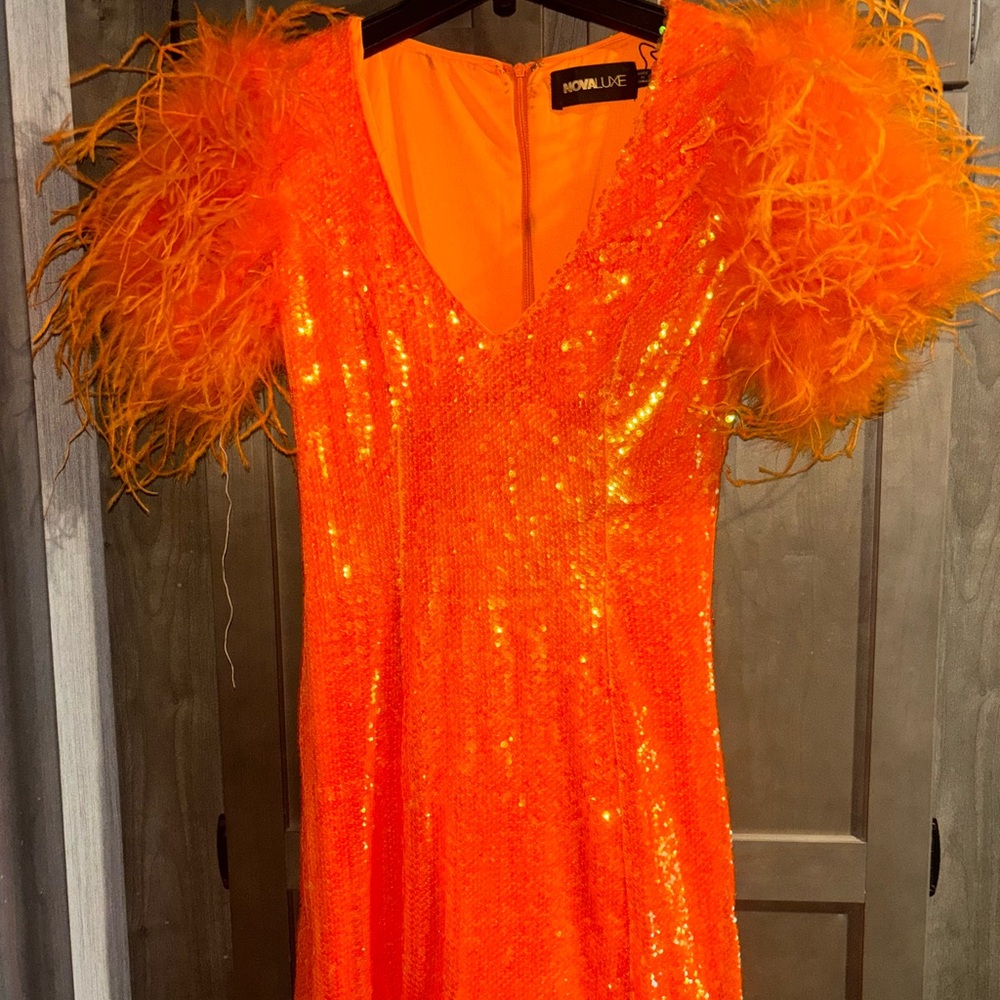 Fashion nova, nova luxe orange feather dress